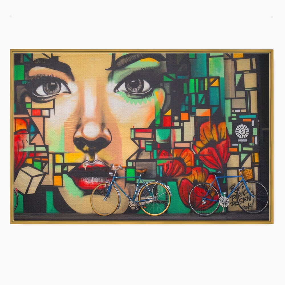Tablou canvas cu tablou canvas cu graffiti si biciclete, in rama de aluminiu auriu